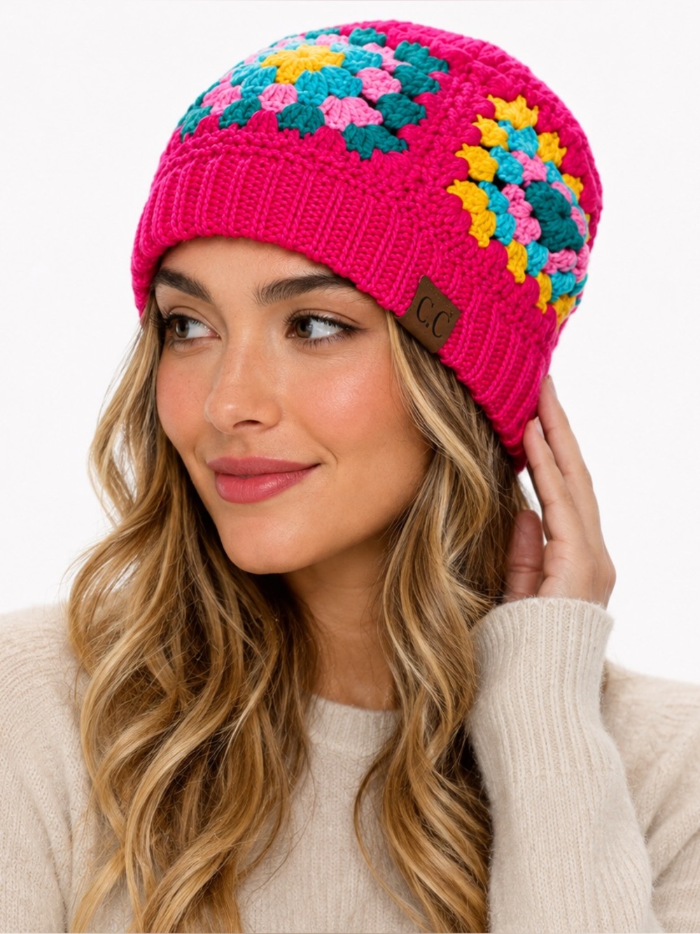 C.C Fuchsia Pink Multi Color Granny Square Crochet Beanie Skully Winter Hat 7393